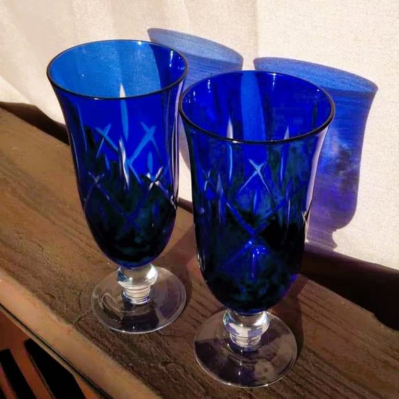 Set of 2 Cut to Clear COBALT BLUE CRYSTAL CHAMPAGNE/Wine FLUTES/Goblets - Picture 7 of 10